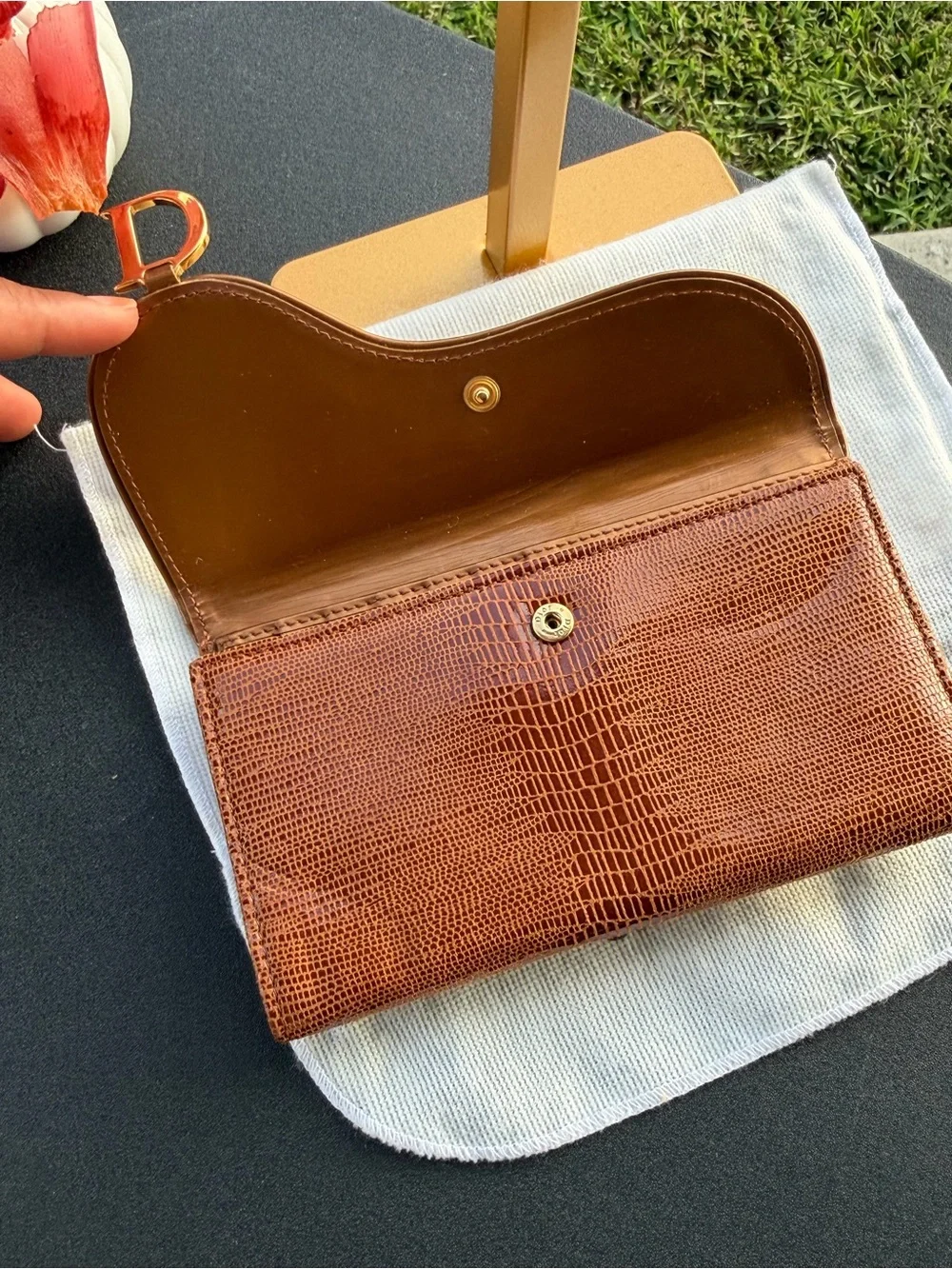 Dior Tan Leather Bi-Fold Wallet with Lizard-Trim